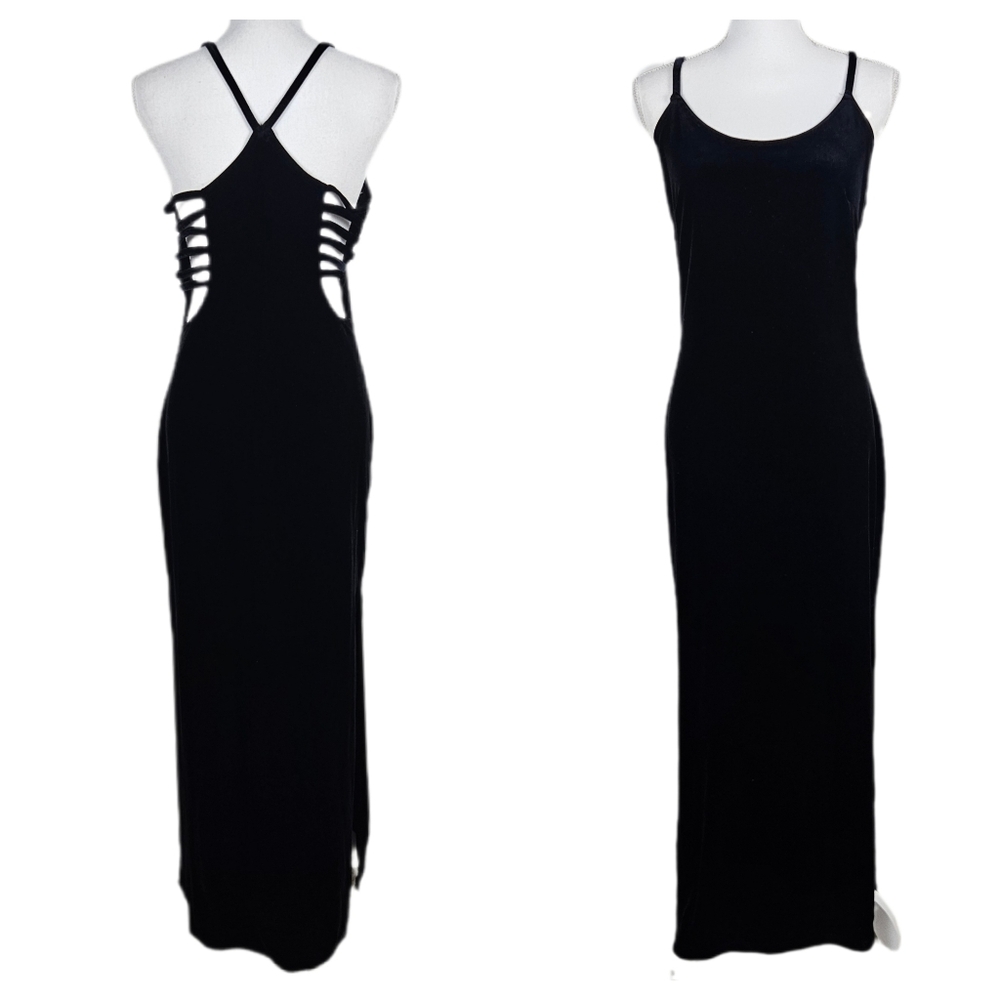 Vintage 90s Y2k Velvet Slip Dress Maxi Black Slits Exposed Ribcage Goth Vamp L